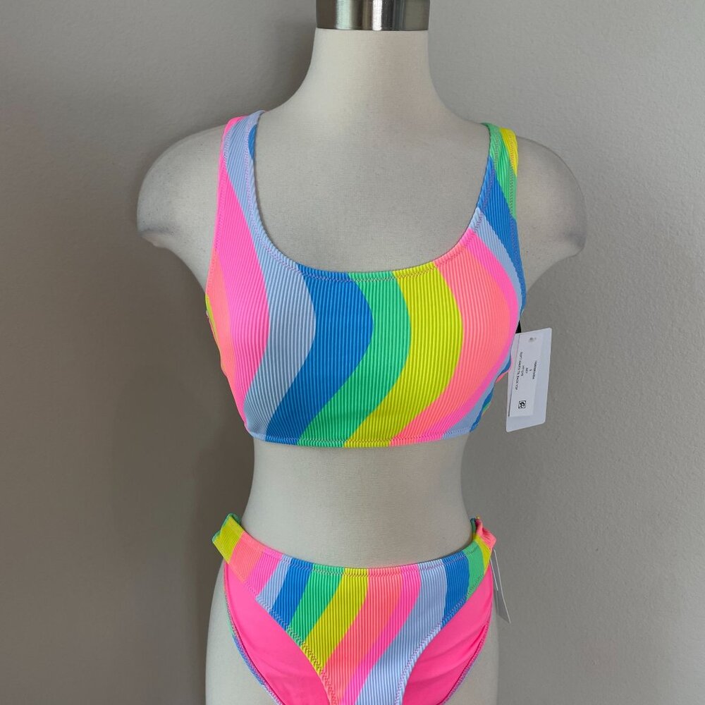 NEW Hurley Womens Small Soft‎ Waves 2 Piece Bikini Set Rainbow Stripe Swimsuit